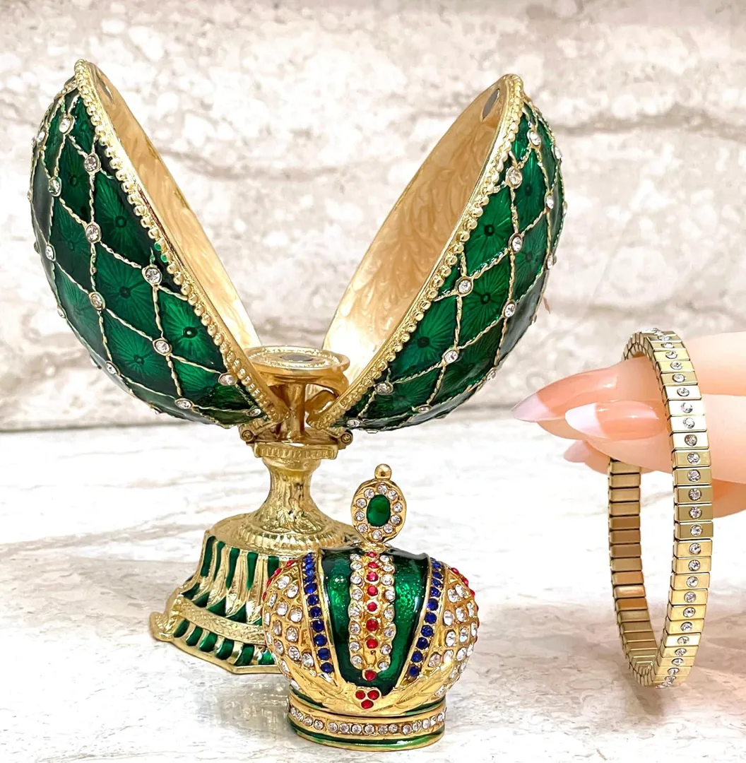 Green Faberge Box Imperial Crown Hideaway Trinket Fabergé Egg 333 Austrian Crystal Diamond PLUS Gold Bracelet Birthday gift for her