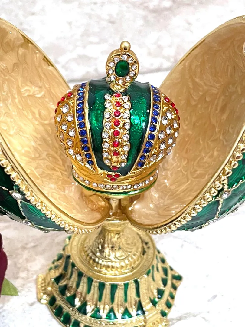 Green Faberge Box Imperial Crown Hideaway Trinket Fabergé Egg 333 Austrian Crystal Diamond PLUS Gold Bracelet Birthday gift for her