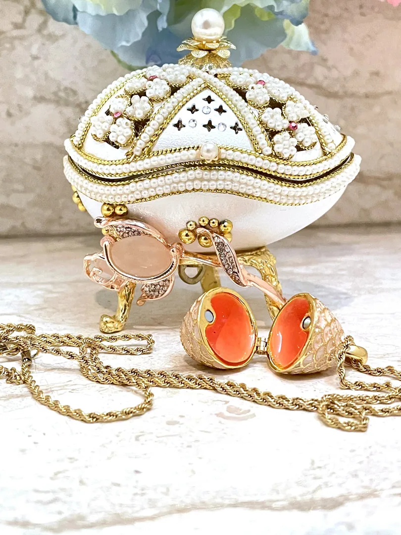 Limited Edition - Faberge Egg Music Box + Pink Faberge Egg Pendant Necklace + Bracelet - 24K Gold - Birthday Gifts - Fabergé Egg Style -