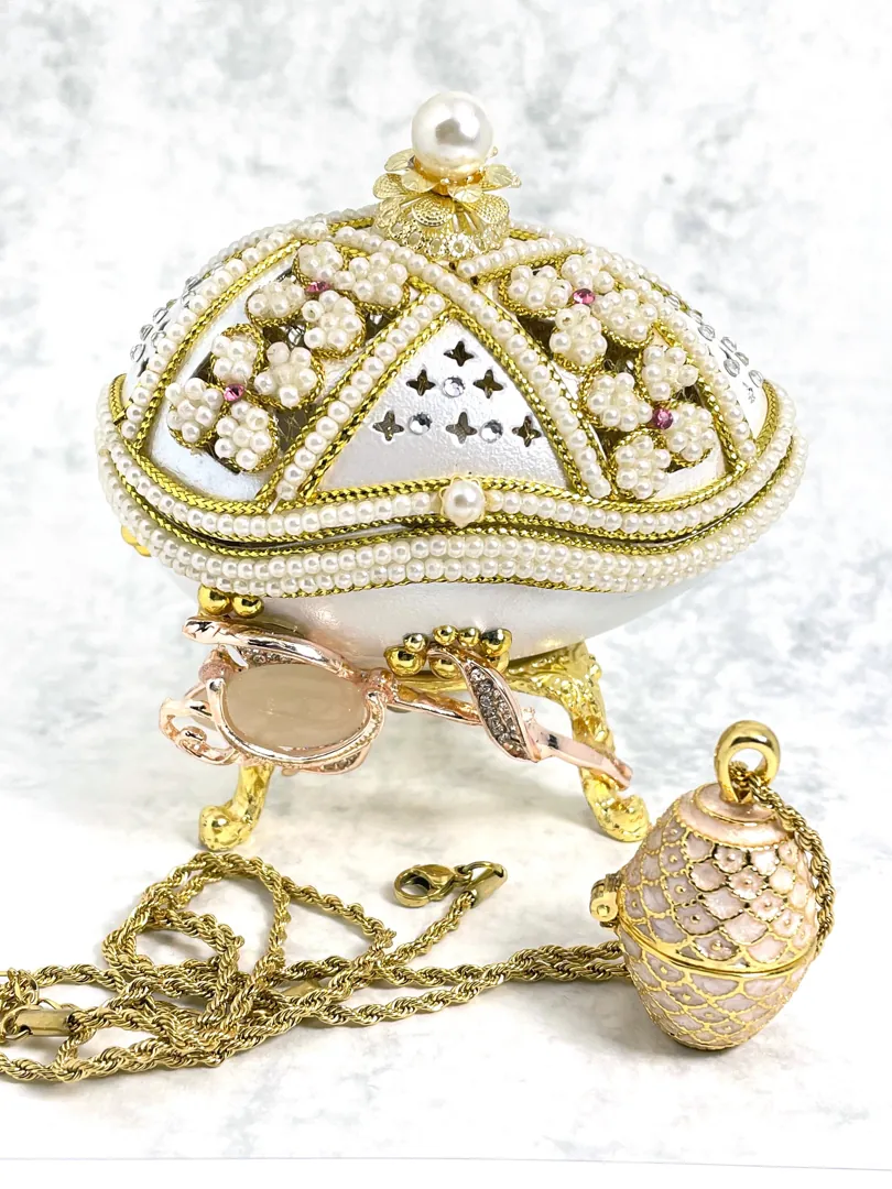 Limited Edition - Faberge Egg Music Box + Pink Faberge Egg Pendant Necklace + Bracelet - 24K Gold - Birthday Gifts - Fabergé Egg Style -