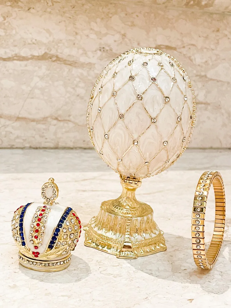 Beige Faberge Box Imperial Crown Hideaway Trinket Faberge Egg 333 Austrian Crystal Diamond PLUS Gold Bracelet Birthday gift for her