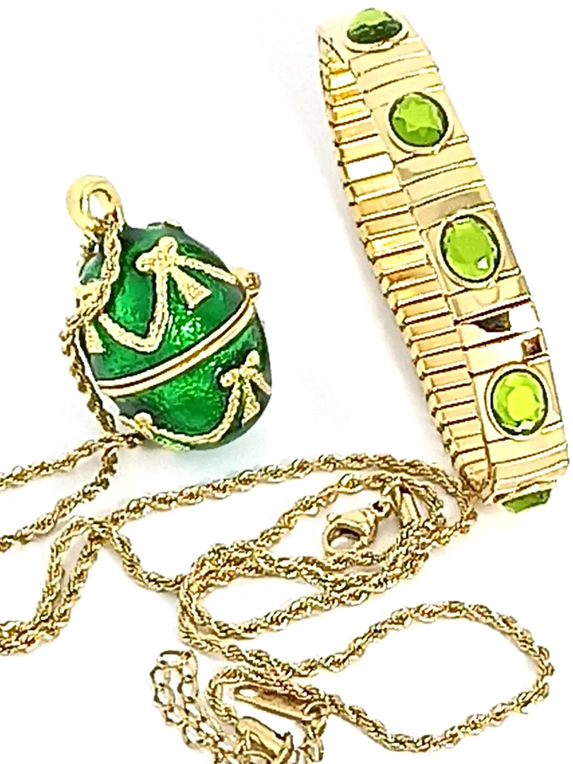 Faberge Emerald Green Vintage Jewelry Set: Faberge Egg Necklace, Gold & Austrian Crystal Bracelet, Fabergé Egg Pendant. Birthday Jewelry Gift for Her.