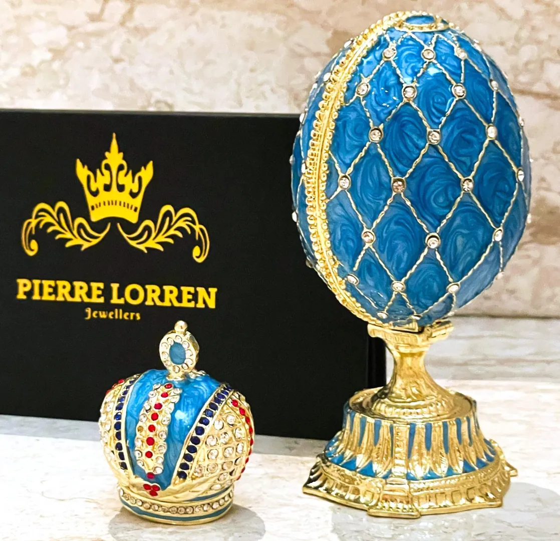 Something Blue Faberge Box Imperial Crown Hideaway Trinket Fabergé Egg 333 Austrian Crystal Diamond PLUS Gold Bracelet Birthday Gift for Her