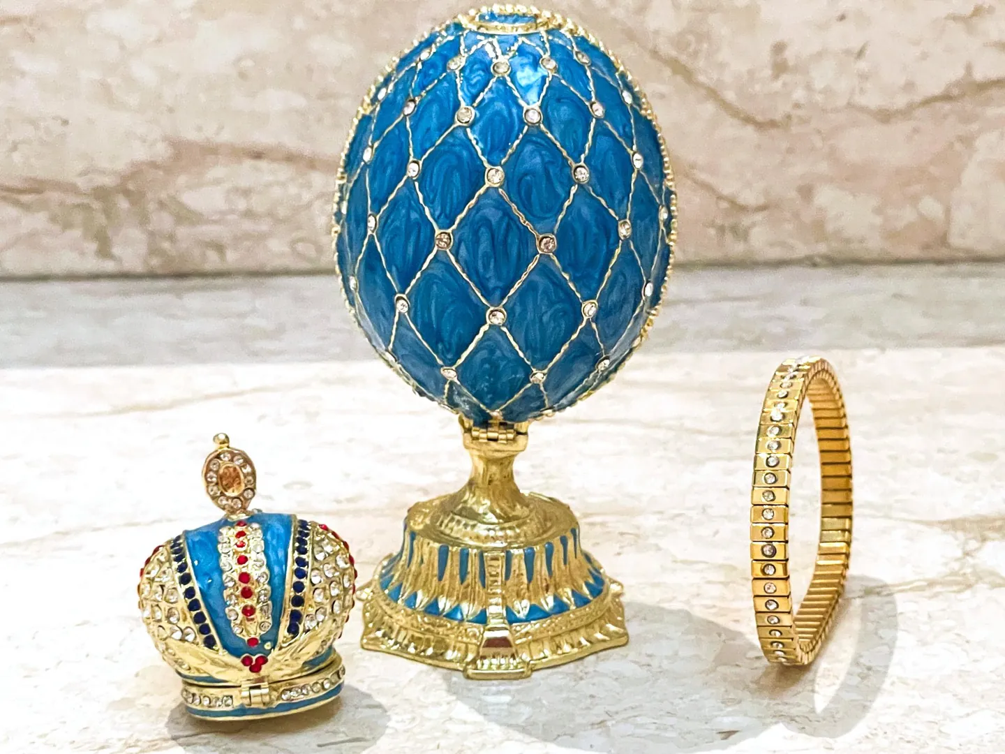 Something Blue Faberge Box Imperial Crown Hideaway Trinket Fabergé Egg 333 Austrian Crystal Diamond PLUS Gold Bracelet Birthday Gift for Her
