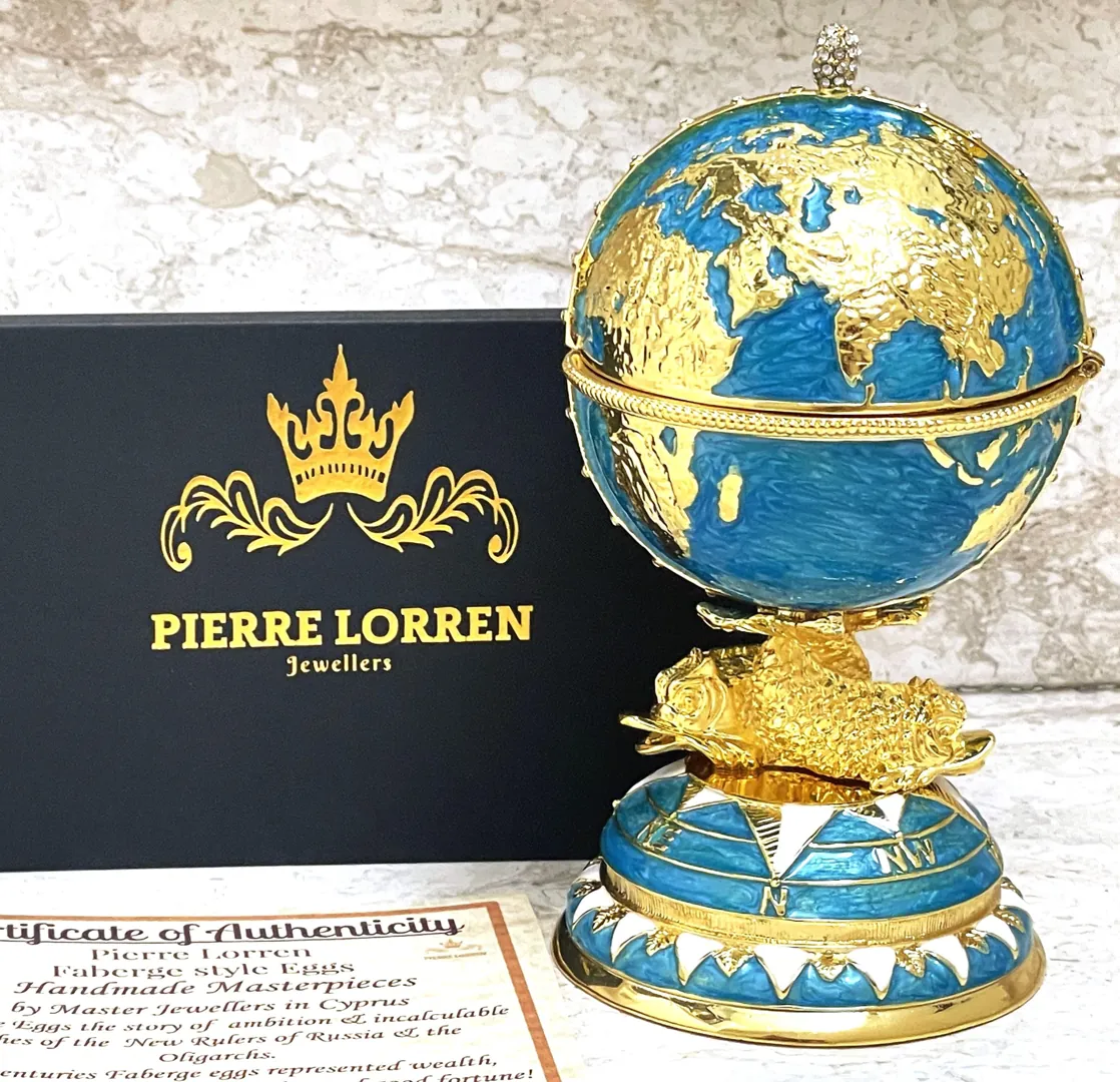 Designer Blue Faberge Egg Pure Gold Fabergé Egg Swarovski Handmade Fish Good Luck Symbolism Sailing the Seas of Knowledge Graduation Gift