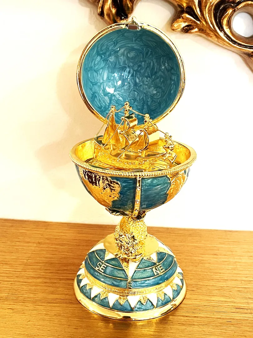 Designer Blue Faberge Egg Pure Gold Fabergé Egg Swarovski Handmade Fish Good Luck Symbolism Sailing the Seas of Knowledge Graduation Gift