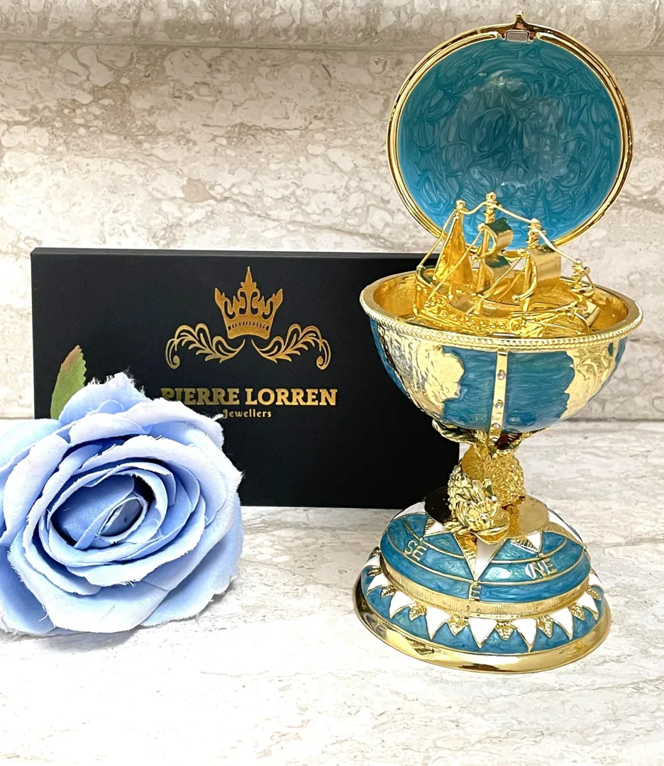 Designer Blue Faberge Egg Pure Gold Fabergé Egg Swarovski Handmade Fish Good Luck Symbolism Sailing the Seas of Knowledge Graduation Gift