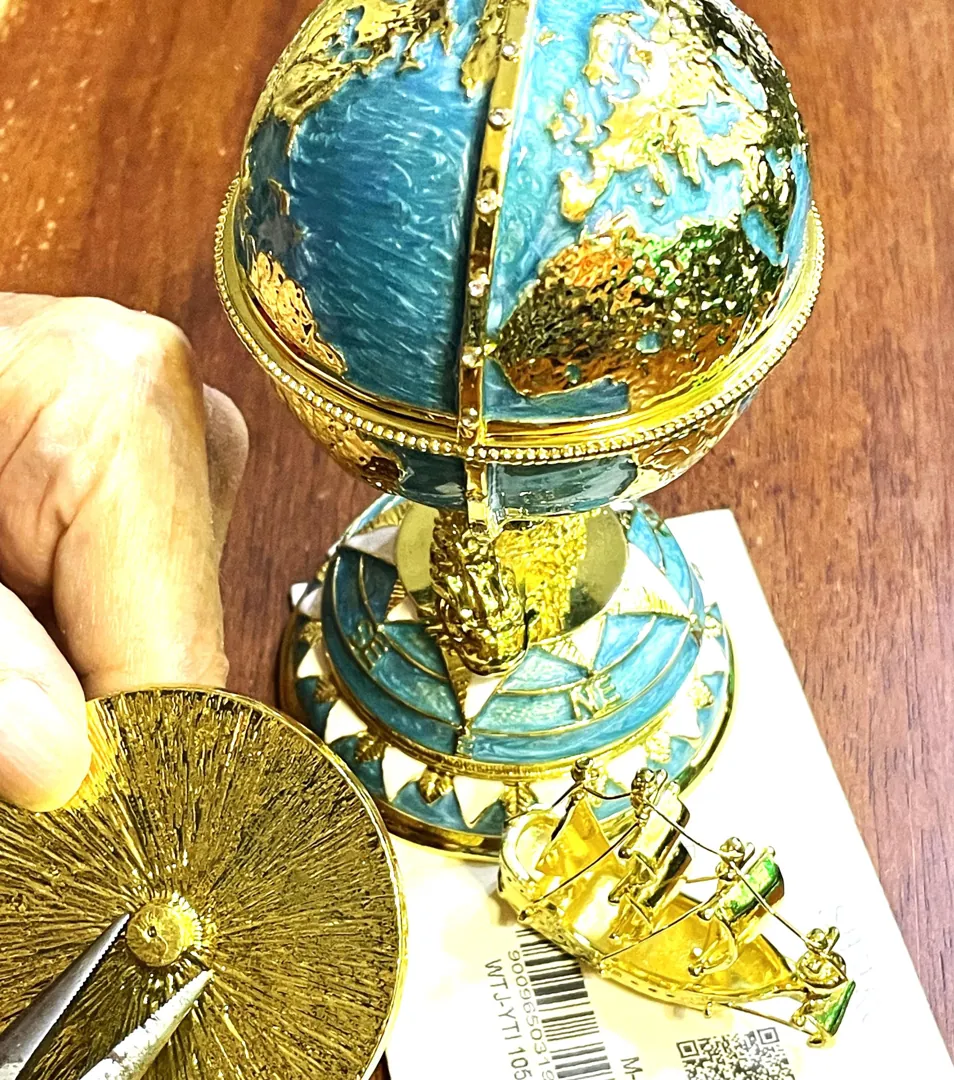 Designer Blue Faberge Egg Pure Gold Fabergé Egg Swarovski Handmade Fish Good Luck Symbolism Sailing the Seas of Knowledge Graduation Gift