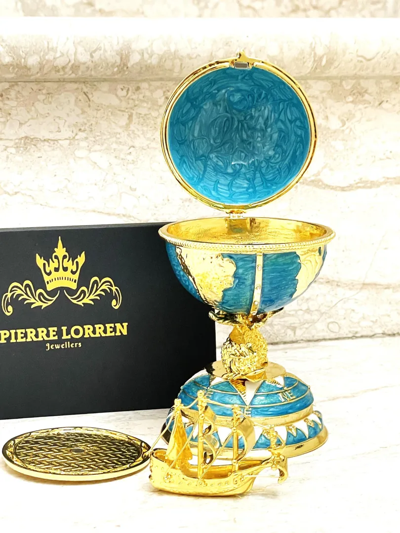 Designer Blue Faberge Egg Pure Gold Fabergé Egg Swarovski Handmade Fish Good Luck Symbolism Sailing the Seas of Knowledge Graduation Gift