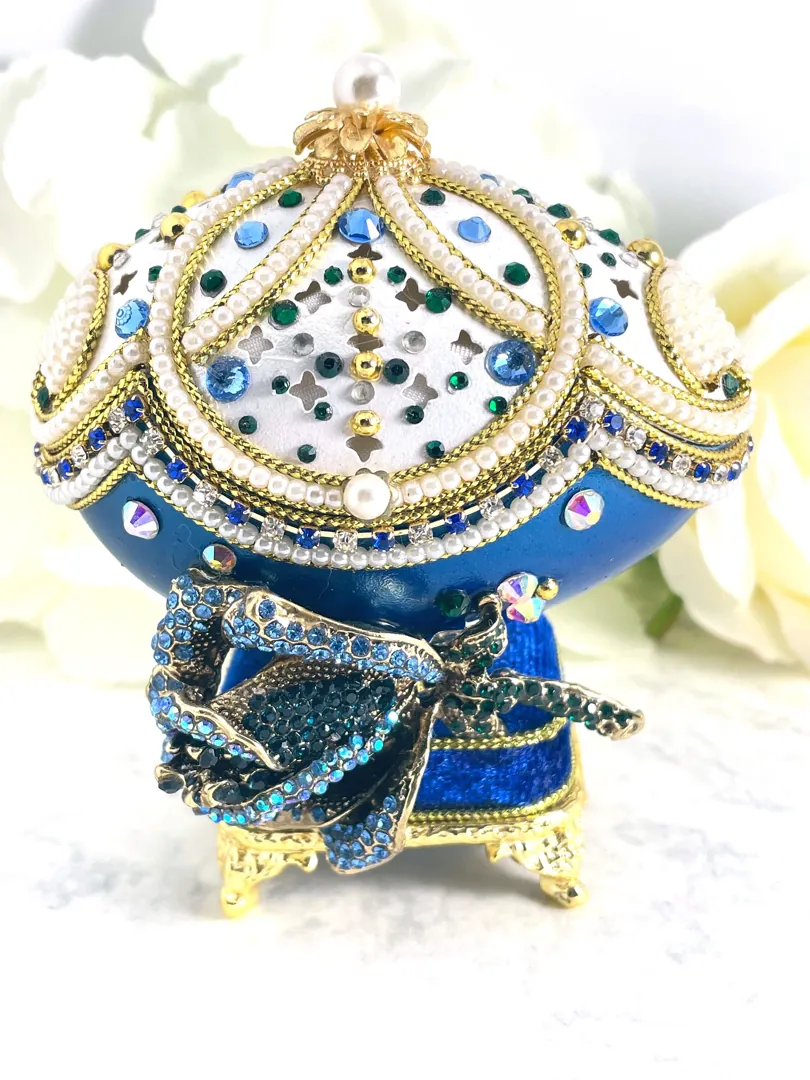 Limited Edition, Faberge Egg Style, 24k HANDMADE, Imperial Fabergé Egg Ornaments, Musical Fabergé Art, Something Blue for Wedding, Sapphire.