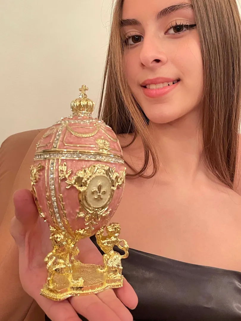 Exquisite 5 Star Fabergé egg, hand-painted in the Imperial Fabergé egg style, featuring 24k gold and Swarovski elements. Ideal Valentine's Day gift for your girlfriend or a graduation present for her.