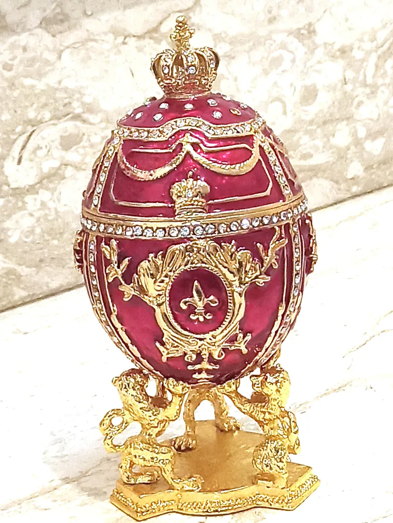 Imperial Faberge Egg Trinket Jewel Box with Lions & Emperor's Crown 16.8 cm (6.5 inches) Red 200 Handset 5 ct Swarovski Diamond Christmas Present.