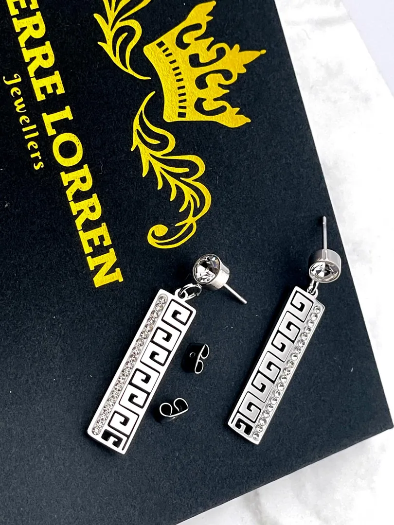 18k Gold Greek Key Design Diamond Meander Earrings Greek Key Drop Earrings Greek Key Pattern Jewelry 42 Austrian Crystal Diamonds
