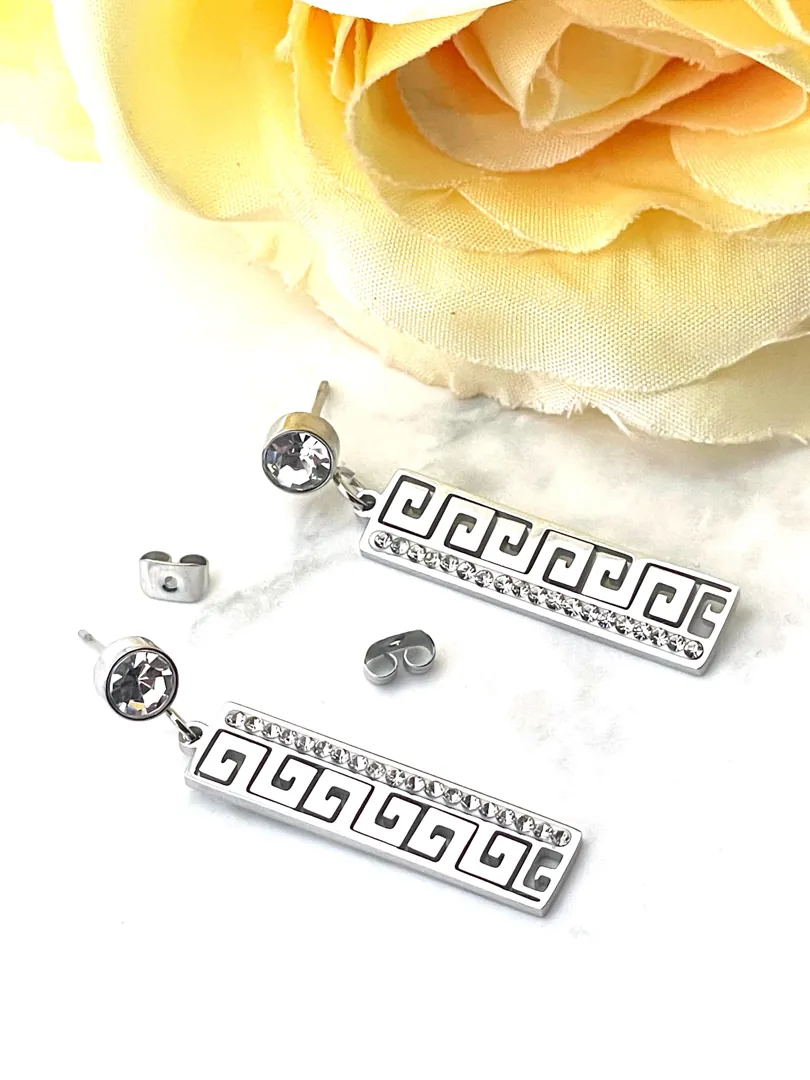 18k Gold Greek Key Design Diamond Meander Earrings Greek Key Drop Earrings Greek Key Pattern Jewelry 42 Austrian Crystal Diamonds