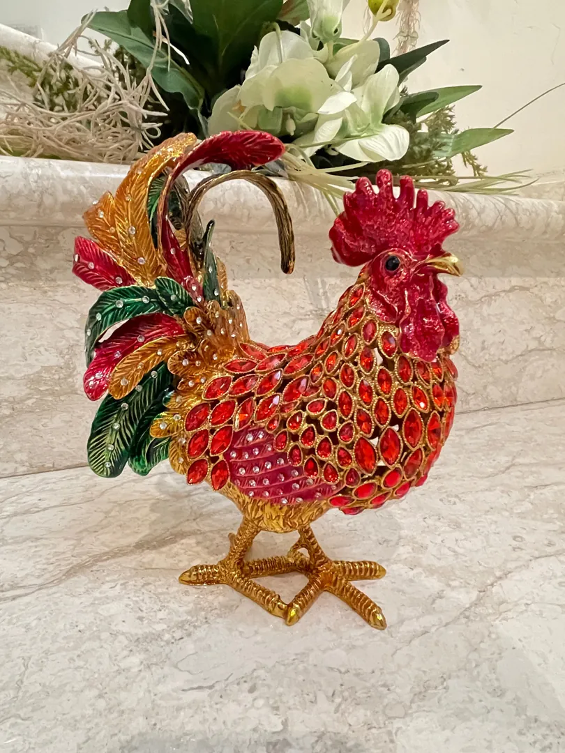 2007 Vintage RUBY Red Faberge Egg Rooster Jewelry Box, Rooster Lover 18th Birthday, 18th Anniversary Gift for Birthday Present or Christmas.