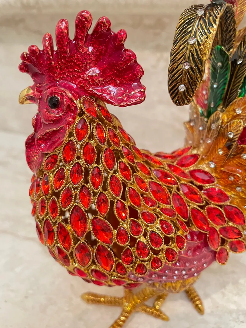2007 Vintage RUBY Red Faberge Egg Rooster Jewelry Box, Rooster Lover 18th Birthday, 18th Anniversary Gift for Birthday Present or Christmas.