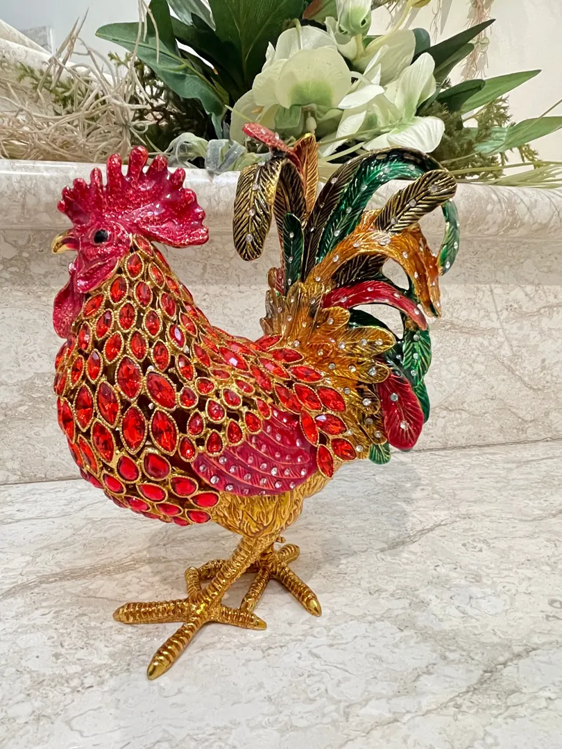 2007 Vintage RUBY Red Faberge Egg Rooster Jewelry Box, Rooster Lover 18th Birthday, 18th Anniversary Gift for Birthday Present or Christmas.