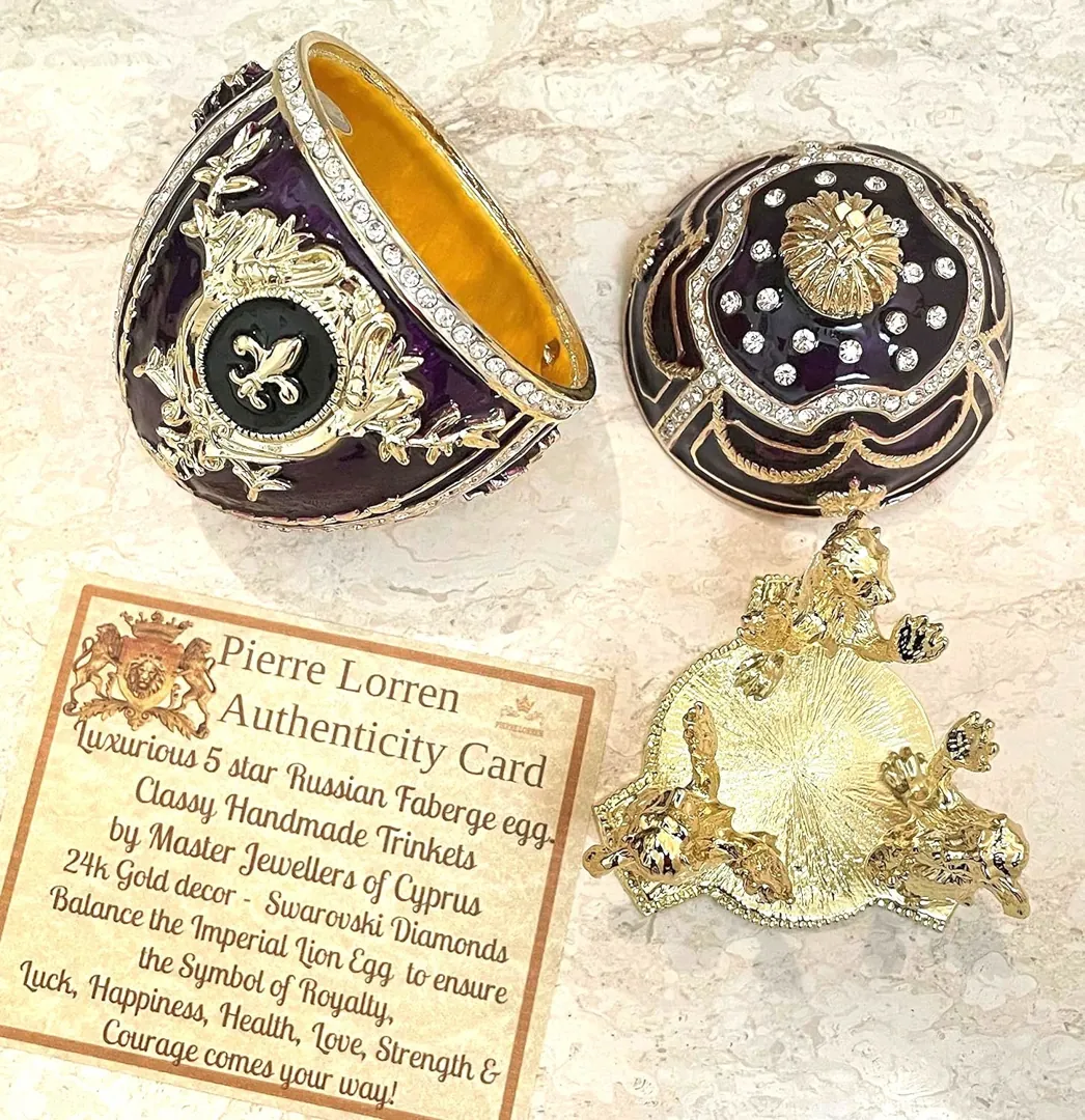 Designer Amethyst Fabergé Egg Gift for Her - Fabergé Style Egg with Gold Bracelet - Swarovski Handmade Fabergé Egg - Unique Gift for Easter or Christmas.