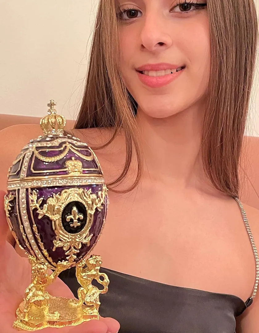 Designer Amethyst Fabergé Egg Gift for Her - Fabergé Style Egg with Gold Bracelet - Swarovski Handmade Fabergé Egg - Unique Gift for Easter or Christmas.