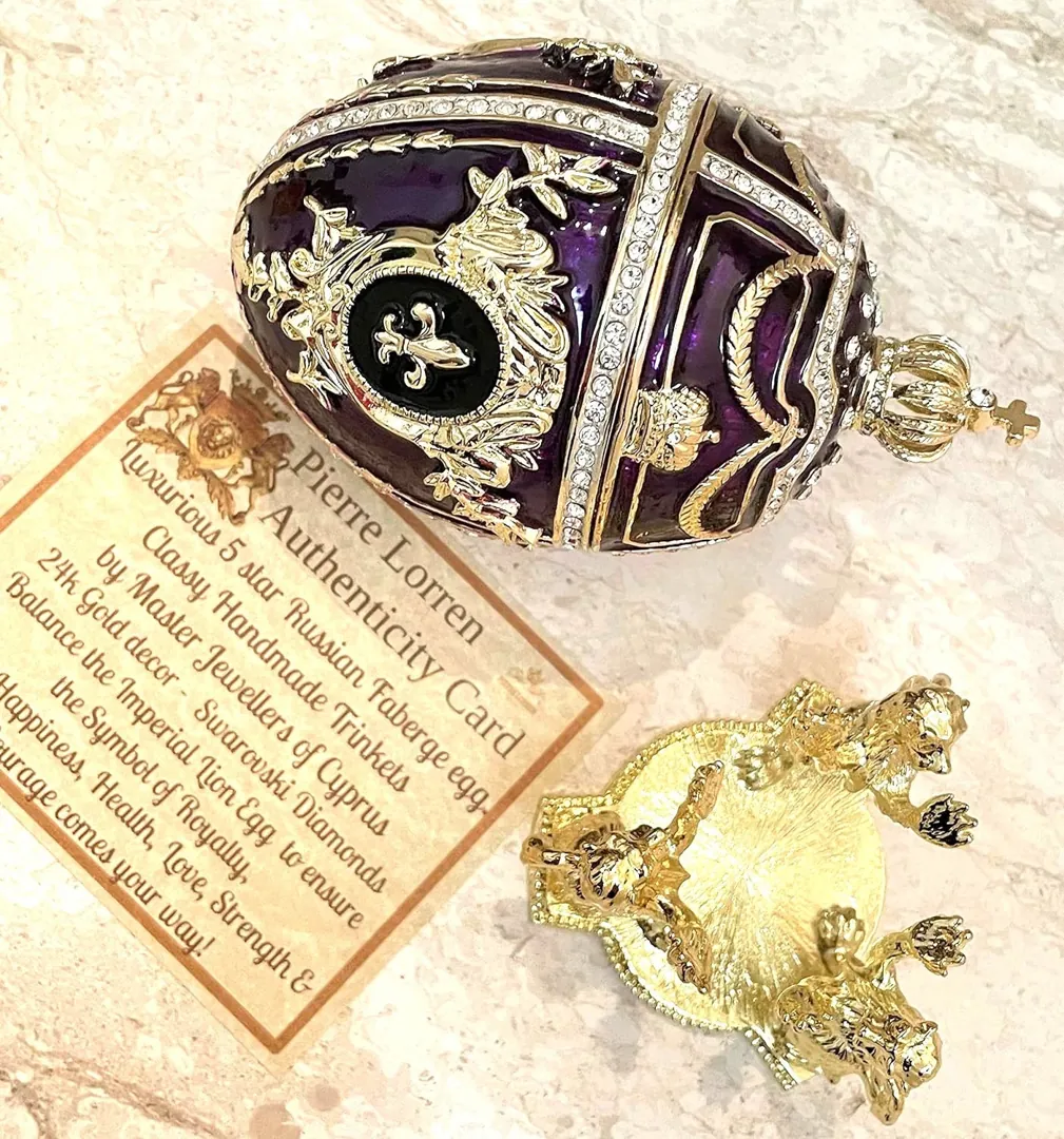 Designer Amethyst Fabergé Egg Gift for Her - Fabergé Style Egg with Gold Bracelet - Swarovski Handmade Fabergé Egg - Unique Gift for Easter or Christmas.