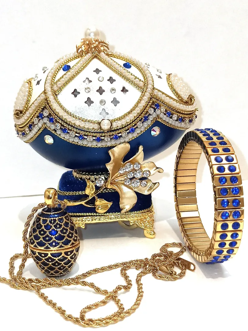 One Only - Blue Faberge Egg Luxury Wedding Gift Natural Hand Carved Faberge Egg Style Ring Bearer Box for Wedding 24k Christmas Gift for Her