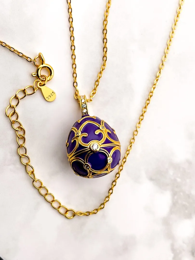 Pierre Lorren Faberge Necklace & Amethyst Bracelet Faberge Egg Pendant Set Austrian Crystal Diamond Fabergé Style Pendant Faberge Jewelry
