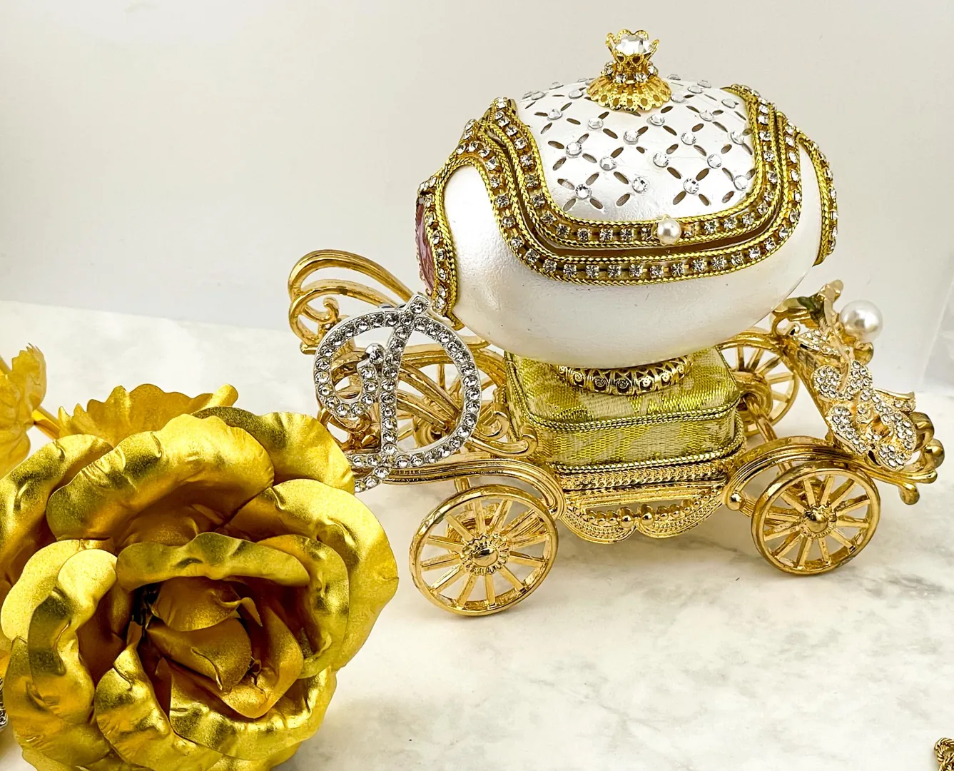 Custom Faberge Egg Trinket Box Pure Gold Decor Musical Fabergé Egg Silk Interior Austrian Crystals Diamonds & Bracelet - Pendant for Her Wedding