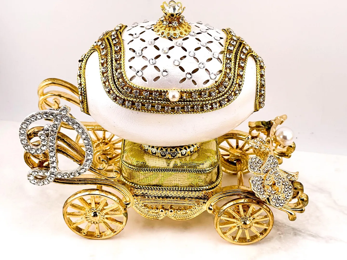 Custom Faberge Egg Trinket Box Pure Gold Decor Musical Fabergé Egg Silk Interior Austrian Crystals Diamonds & Bracelet - Pendant for Her Wedding