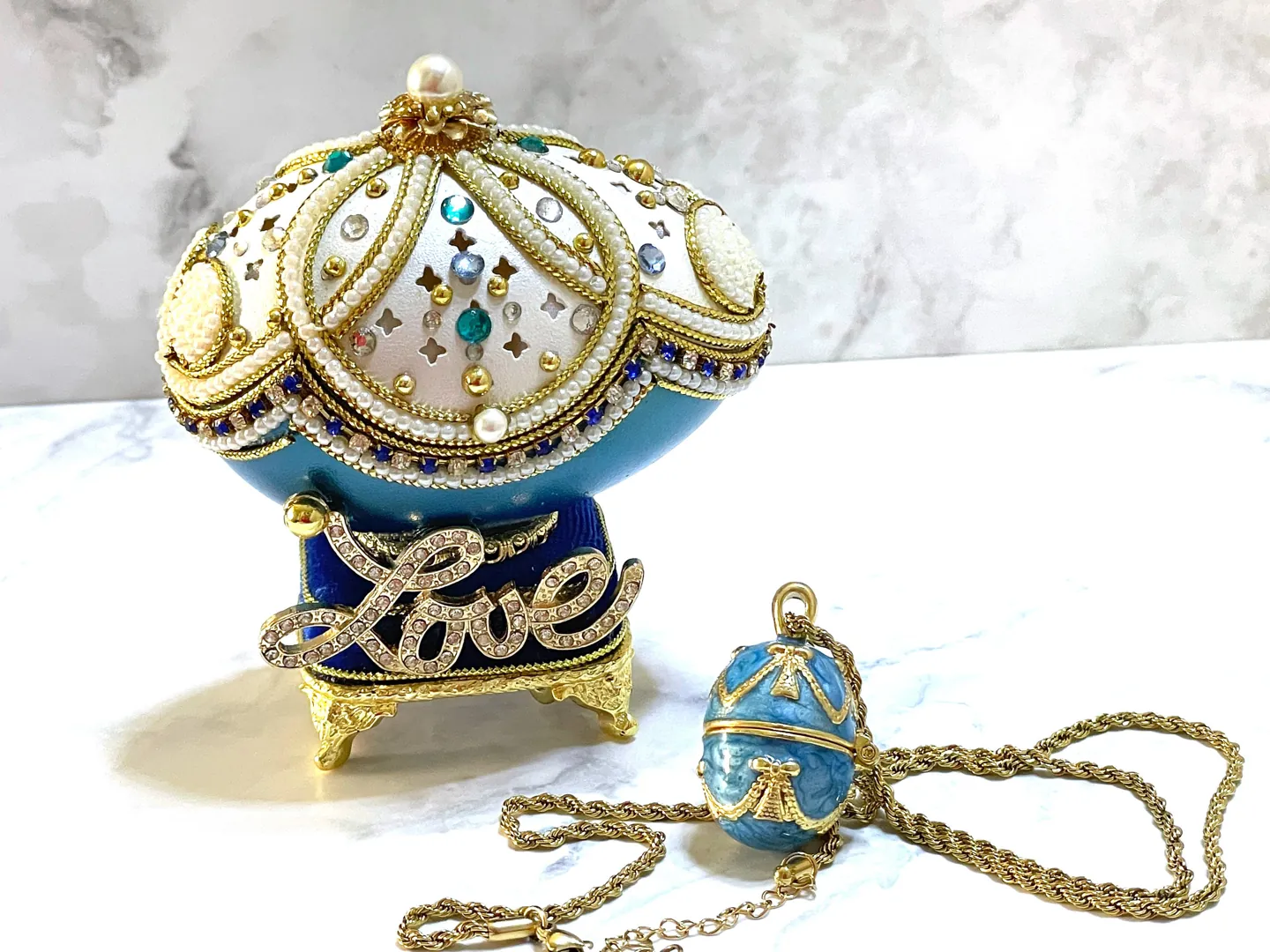 1999 One Of A Kind Faberge Egg Blue Trinket & Necklace for Mom 25 Year Wedding Anniversary Gift for Her 25th Birthday Gift for Daughter LOVE