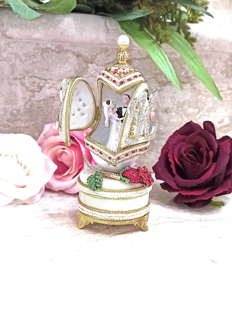 Luxury Wedding Gift, Faberge Egg Style Personalized, 24K Gold, Ruby Anniversary, 5ct, Faberge Music Box, Wedding Ornament, Handcarved, Faberge.