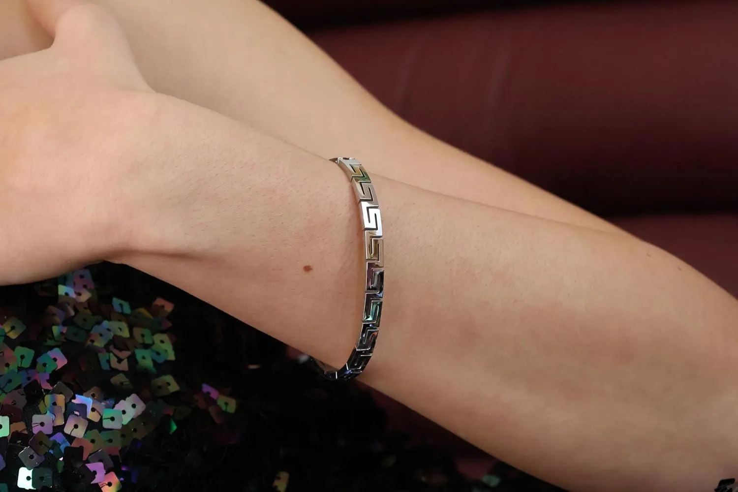 8mm Bracelet Greek Jewelry 18k White Gold Bracelet Infinity Bangle Bracelet Ancient Greek Key Jewelry Meander Bracelet Anniversary Gift