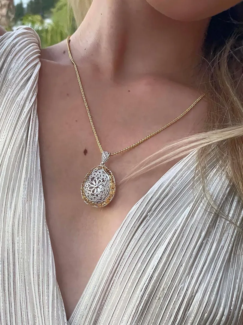 3ct LARGE Gold Diamond Flower Necklace Fabergé Egg Pendant Sterling Silver SOLID PLATINUM Fabergé Egg Style Birthday Diamond Necklace 1.6