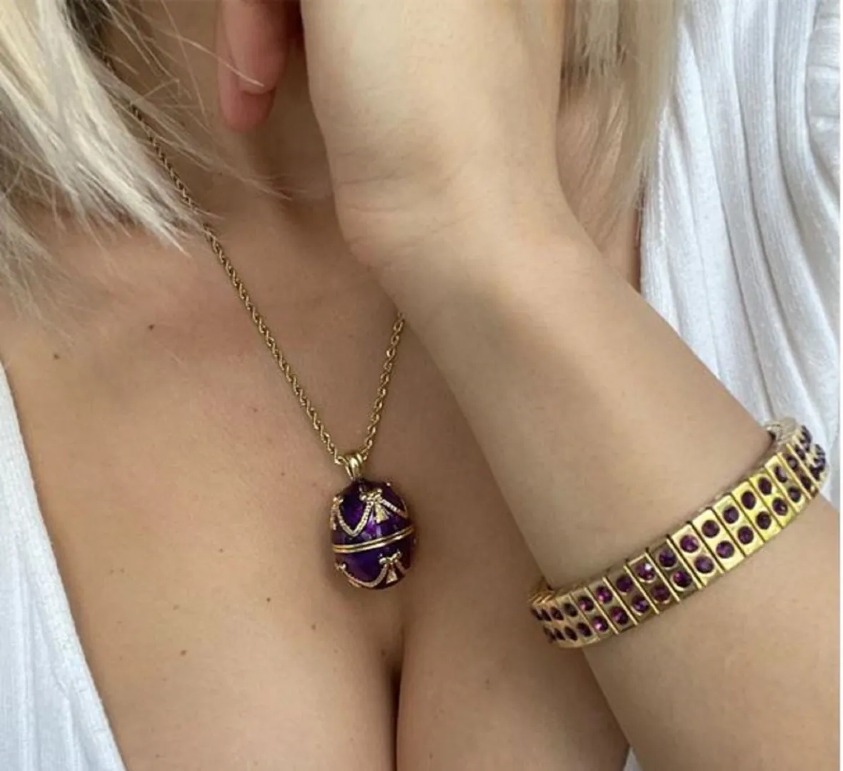 Gold Amethyst Necklace - Faberge Egg Pendant - Amethyst Bracelet - 24K Gold - Bridal Shower Gift - Gift for Women