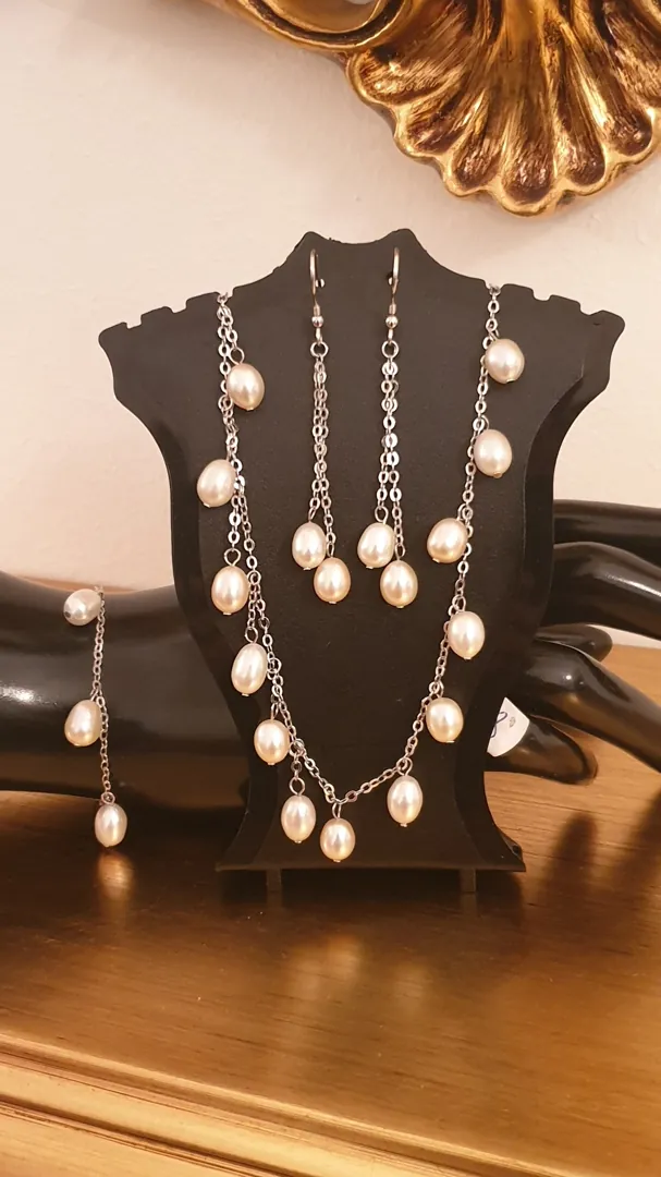 Pearl Set Solid Sterling Silver 925 Yoshika Original Pearls White Gold Rhodium Plated Handmade Set Necklace, Earrings & Bracelet.