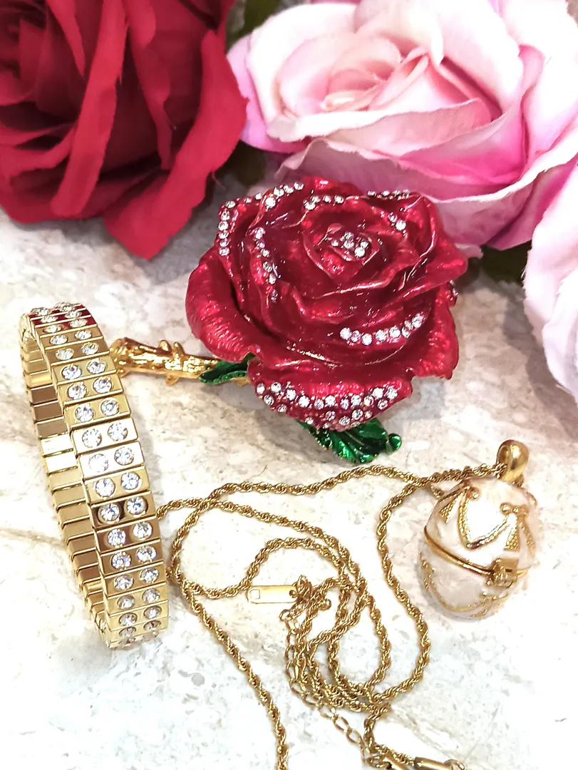 7ct - Luxury Valentine's Day - Fabergé Egg - Red Rose Valentine Ring Box + Fabergé Necklace + Bracelet - Handmade Valentine's Day Gift - 24K Gold