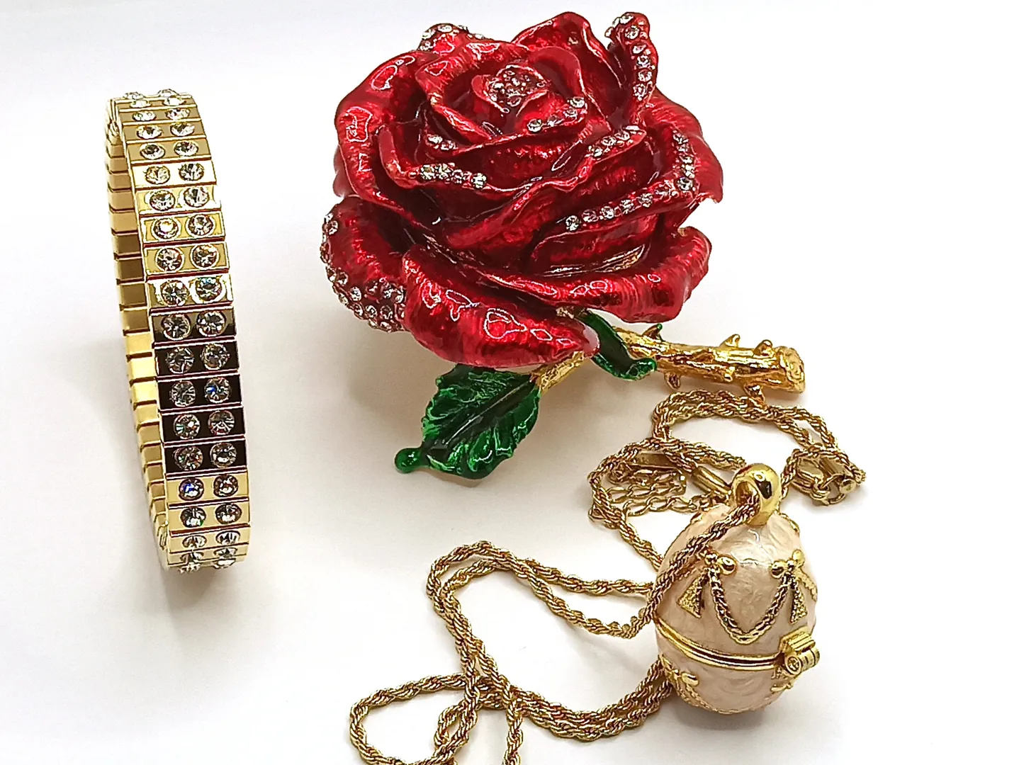 7ct - Luxury Valentine's Day - Fabergé Egg - Red Rose Valentine Ring Box + Fabergé Necklace + Bracelet - Handmade Valentine's Day Gift - 24K Gold