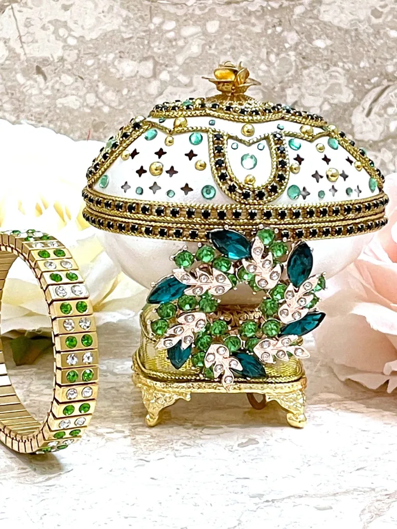 UNIQUE Faberge Egg Style 24k EMERALD Olive Wreath Engagement Ornament Proposal Ring Box Gift for Her Fabergé Egg Engagement Gift Fiance Wife