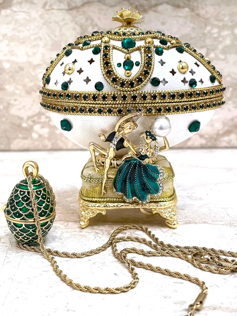 Emerald - Valentine's Day Set - ONE Only - Faberge Egg Style Jewelry Box + Faberge Jewelry - Valentine's Day Couple Gifts - Handcarved Egg - 24k