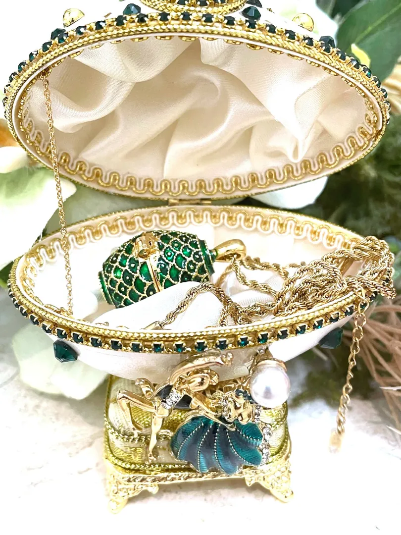 Emerald - Valentine's Day Set - ONE Only - Faberge Egg Style Jewelry Box + Faberge Jewelry - Valentine's Day Couple Gifts - Handcarved Egg - 24k