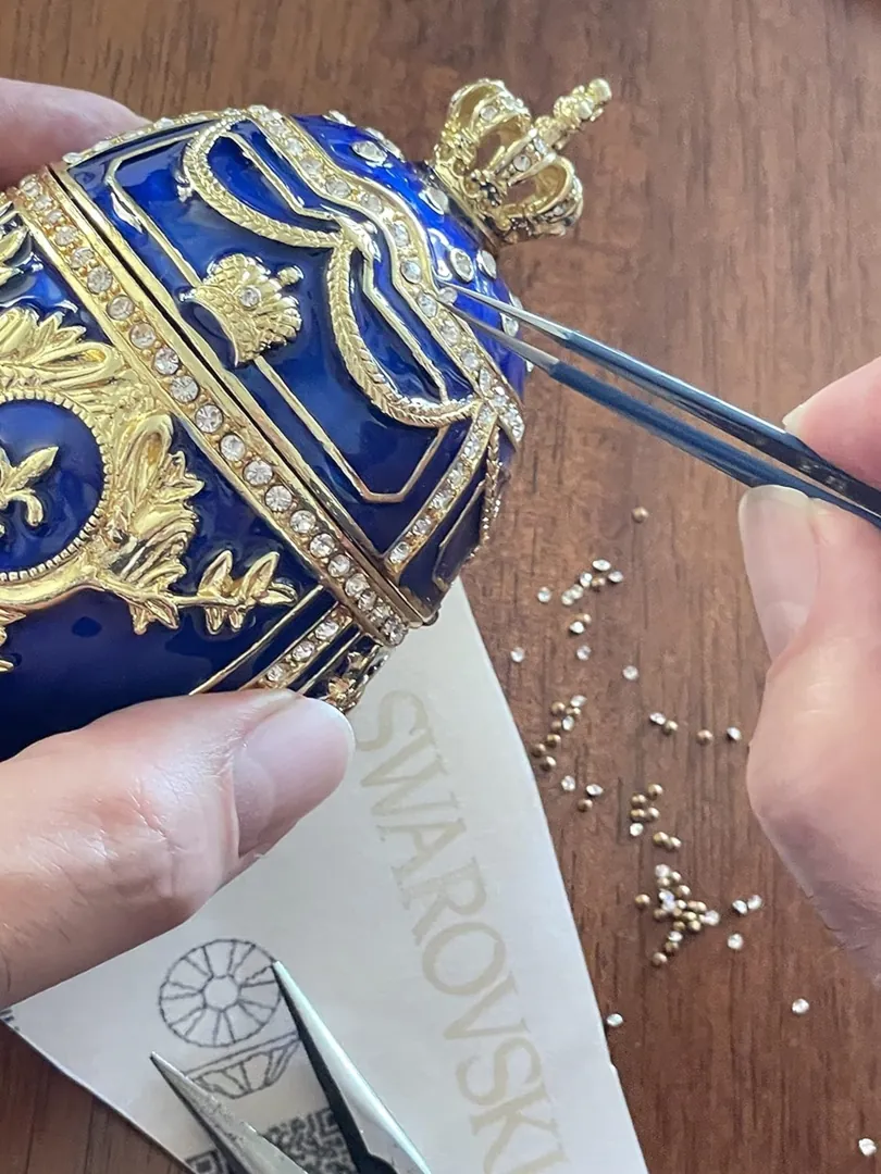 Designer Faberge Style Egg Gift for Him, Sapphire Blue, 24k Gold Faberge Egg, Decorative Boxes, Trinket Box, Handmade, Christmas, Easter, Birthday.