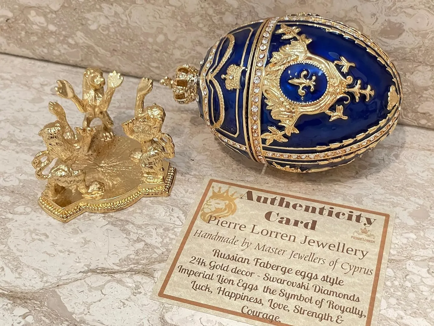 Designer Faberge Style Egg Gift for Him, Sapphire Blue, 24k Gold Faberge Egg, Decorative Boxes, Trinket Box, Handmade, Christmas, Easter, Birthday.