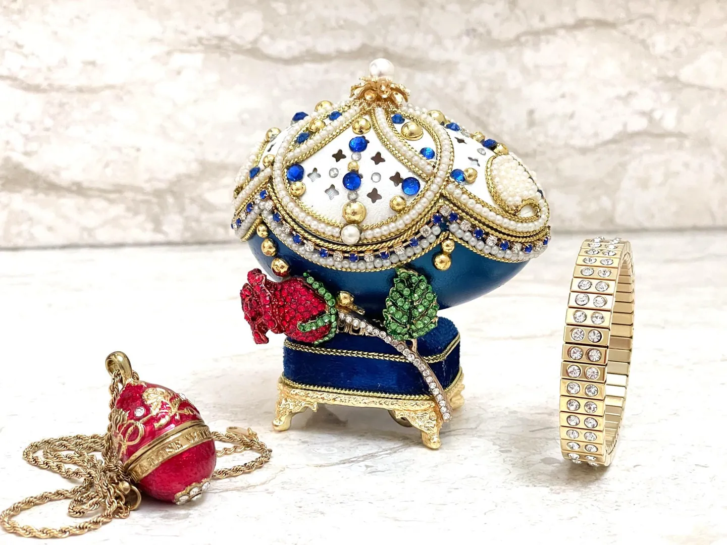 Faberge Egg Valentine Day Mother's Day Gifts Faberge Style Eggs Faberge Musical Egg Silk Interior Faberge Jewelry Box + Faberge Necklace