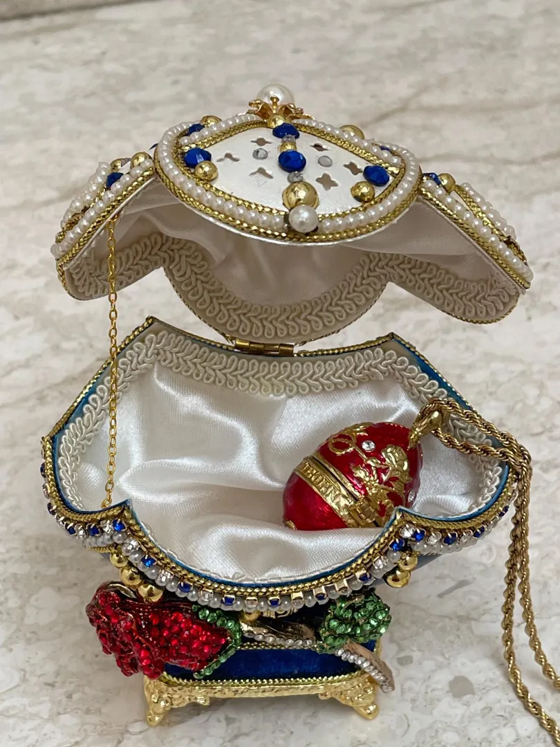 Faberge Egg Valentine Day Mother's Day Gifts Faberge Style Eggs Faberge Musical Egg Silk Interior Faberge Jewelry Box + Faberge Necklace