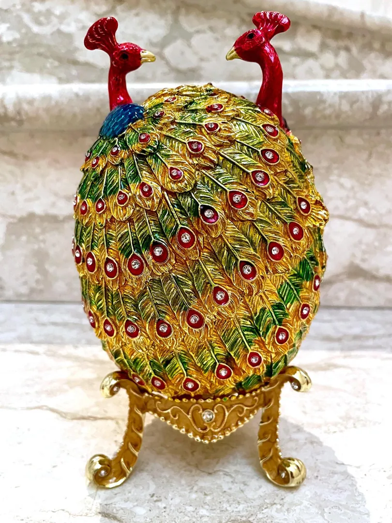 Peacock Fabergé Egg Style Pure Gold Decor Collectors Egg Faberge Jewelry Box Faberge Egg Trinket Box Austrian Crystal Diamond Handmade 7.9
