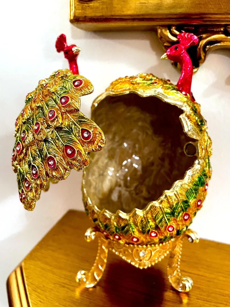 Pierre Lorren Multi Peacock Jewelry Box Faberge Egg Pure Gold Swarovski Handmade Faberge Trinket Box & Bracelet Peacock Gifts for Her 7.9