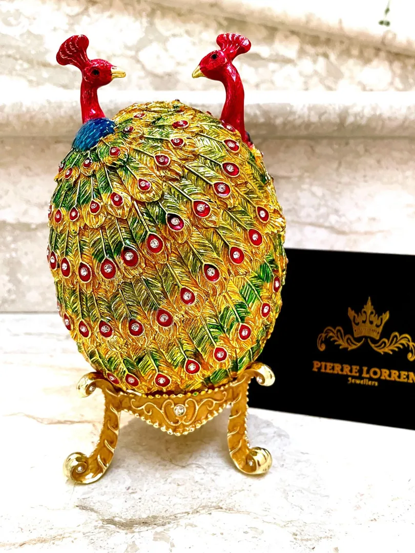 Pierre Lorren Multi Peacock Jewelry Box Faberge Egg Pure Gold Swarovski Handmade Faberge Trinket Box & Bracelet Peacock Gifts for Her 7.9