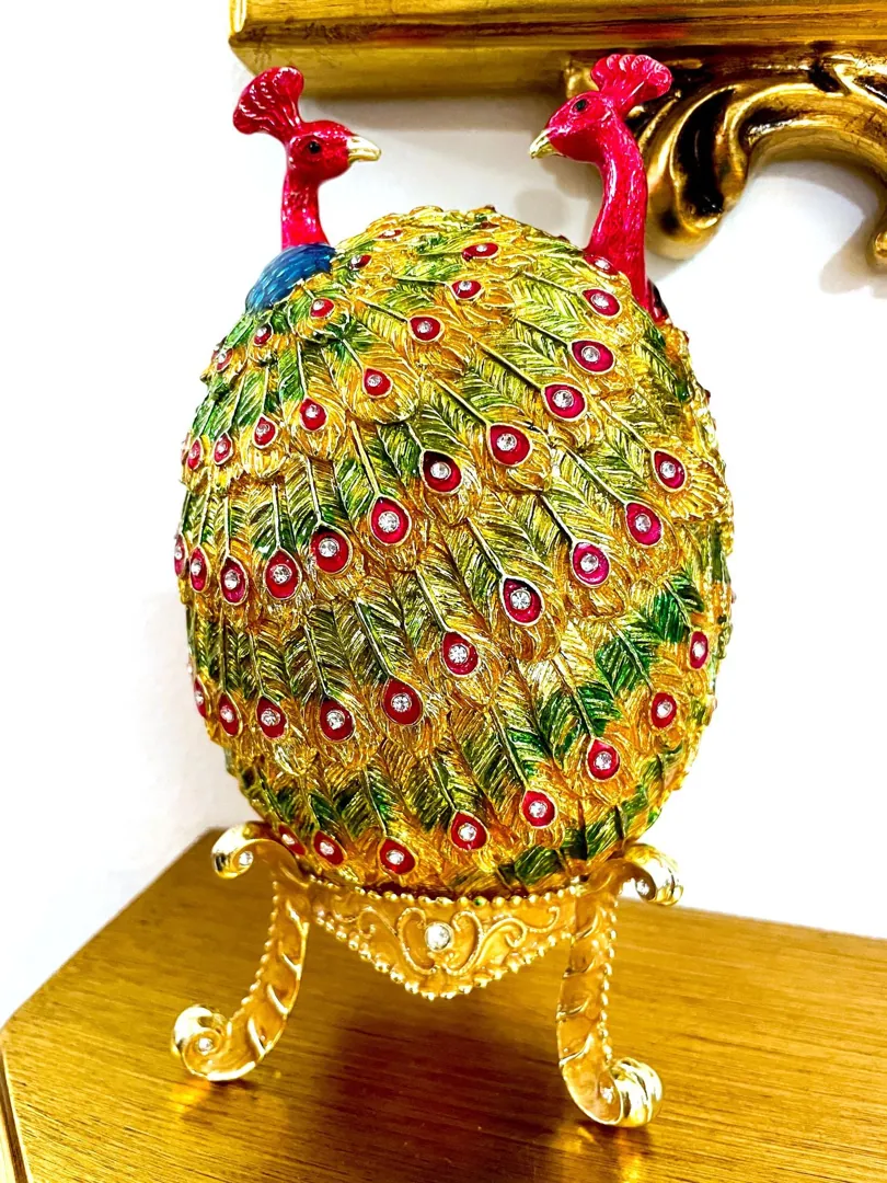 Pierre Lorren Multi Peacock Jewelry Box Faberge Egg Pure Gold Swarovski Handmade Faberge Trinket Box & Bracelet Peacock Gifts for Her 7.9