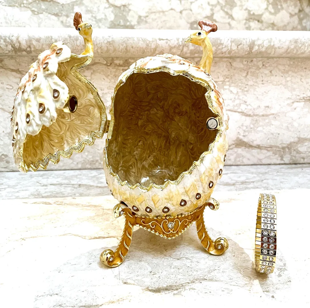 Large Easter Egg Ornament Trinket Gift for Couple Faberge Love Peacock Pure GOLD Decor HANDMADE 286 Swarovski Diamond Bracelet DESIGNER Egg