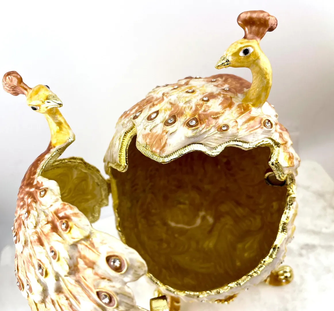 Large Easter Egg Ornament Trinket Gift for Couple Faberge Love Peacock Pure GOLD Decor HANDMADE 286 Swarovski Diamond Bracelet DESIGNER Egg
