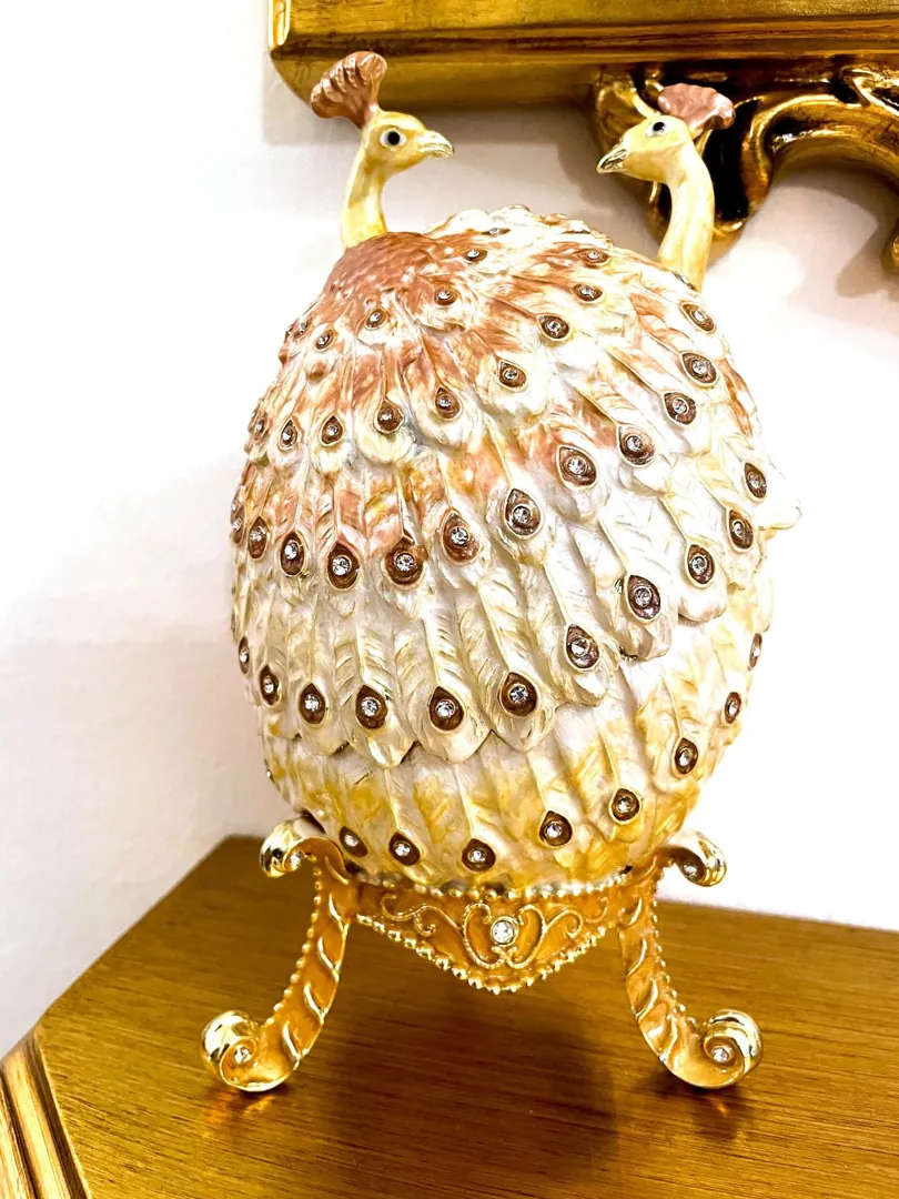 Large Easter Egg Ornament Trinket Gift for Couple Faberge Love Peacock Pure GOLD Decor HANDMADE 286 Swarovski Diamond Bracelet DESIGNER Egg